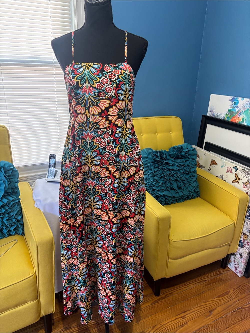 Floral Black Multicolor Spaghetti-Strap Maxi Dress size small